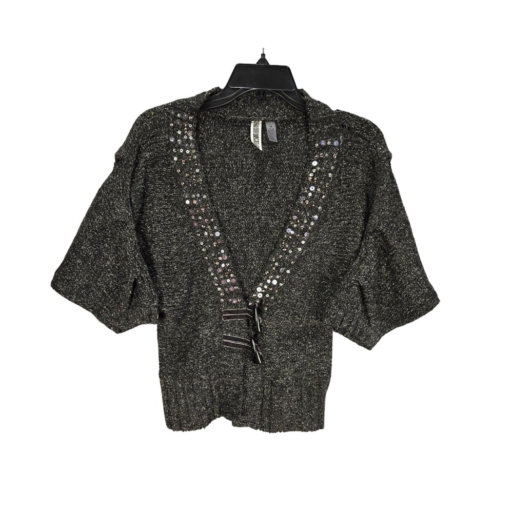 BKE Cardigan Women M Short Sleeve Charcoal Marl Sequin Toggle Wool Blend